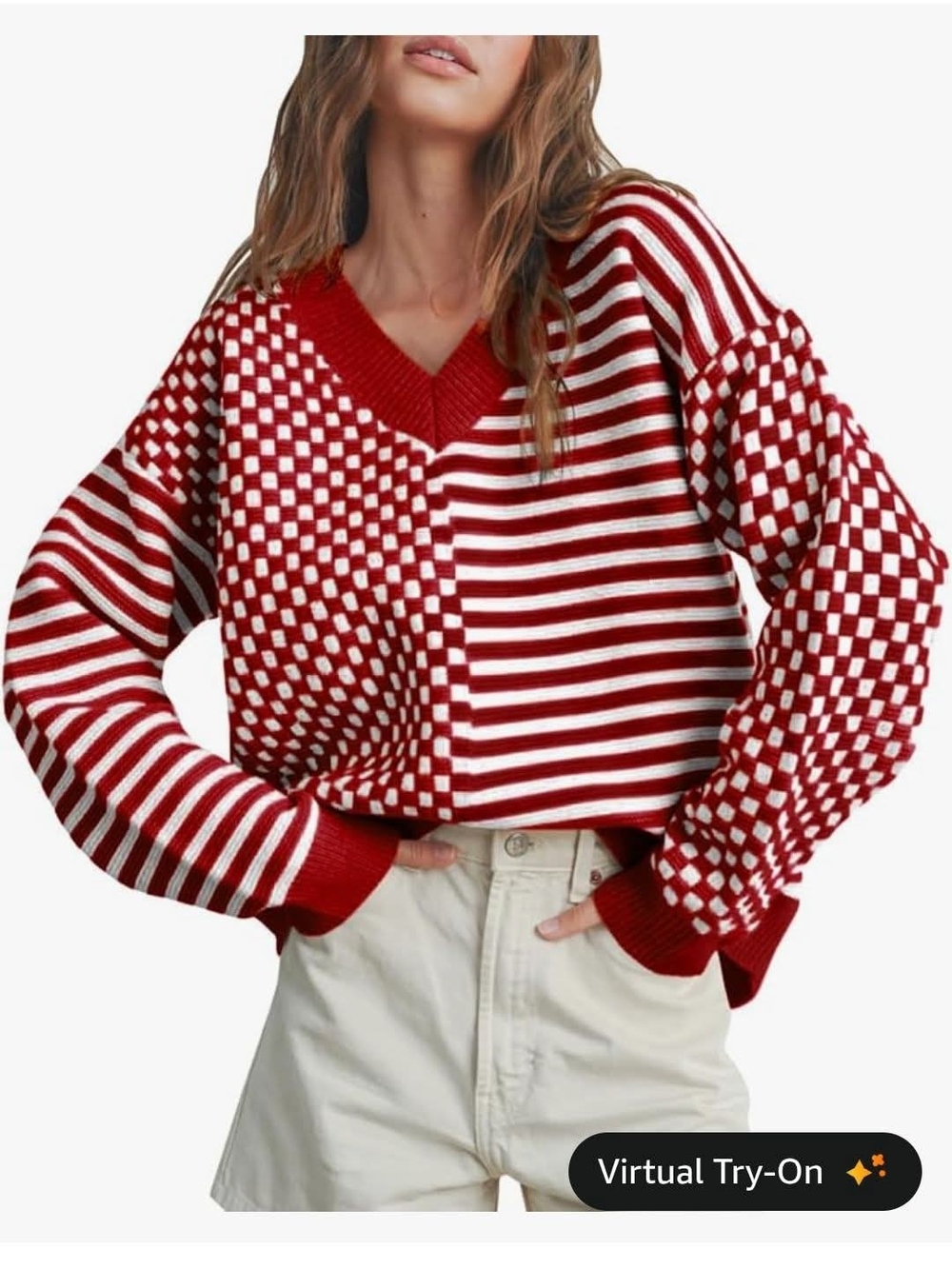 V-Neck Patchwork Stripe & Checker Sweater - Red/White